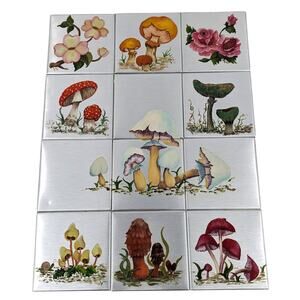 Vintage 1977 12-Tile Set Retro Mushrooms Flowers Handpainted Aluminum Backsplash